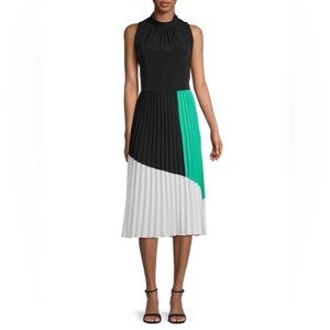 NWT KARL LAGERFELD Sleeveless Pleated Colorblock Dress Size 16 Black Green Midi